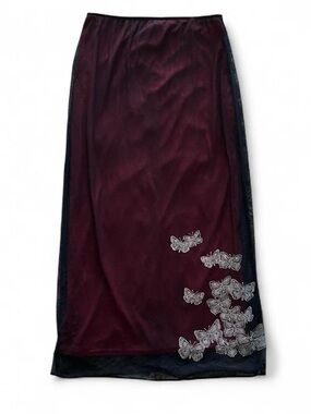 Y2K Vintage Joules Vampire Red Lined Black Mesh Maxi Skirt Butterfly Graphics